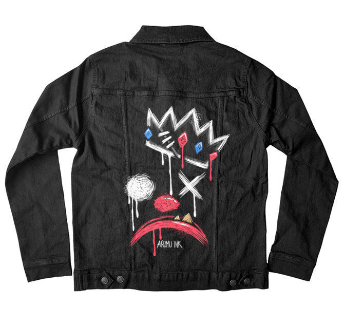King of Klowns Denim Jacket – gothic denim jacket by Akumu Ink, alt fashion art from Akumu Ink Clothing