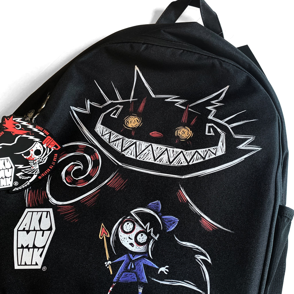 Cheshire in Hell Backpack – gothic backpack by Akumu Ink, alt fashion art from Akumu Ink Clothing