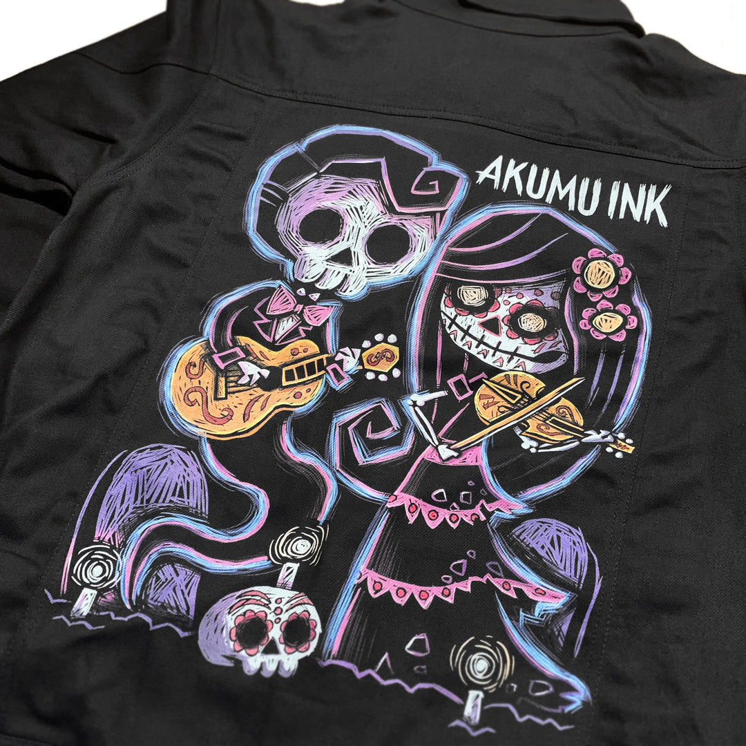 Haunting Melodies Denim Jacket – gothic denim jacket by Akumu Ink, alt fashion art from Akumu Ink Clothing