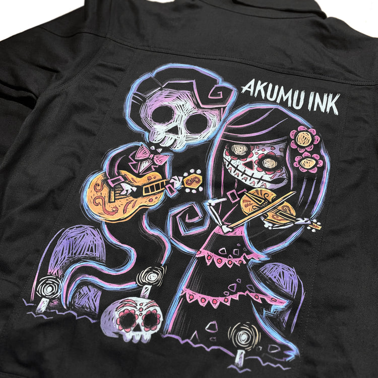 Haunting Melodies Denim Jacket – gothic denim jacket by Akumu Ink, alt fashion art from Akumu Ink Clothing