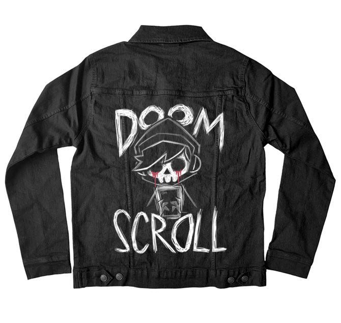 Doom Scroll Denim Jacket – gothic denim jacket by Akumu Ink, alt fashion art from Akumu Ink Clothing