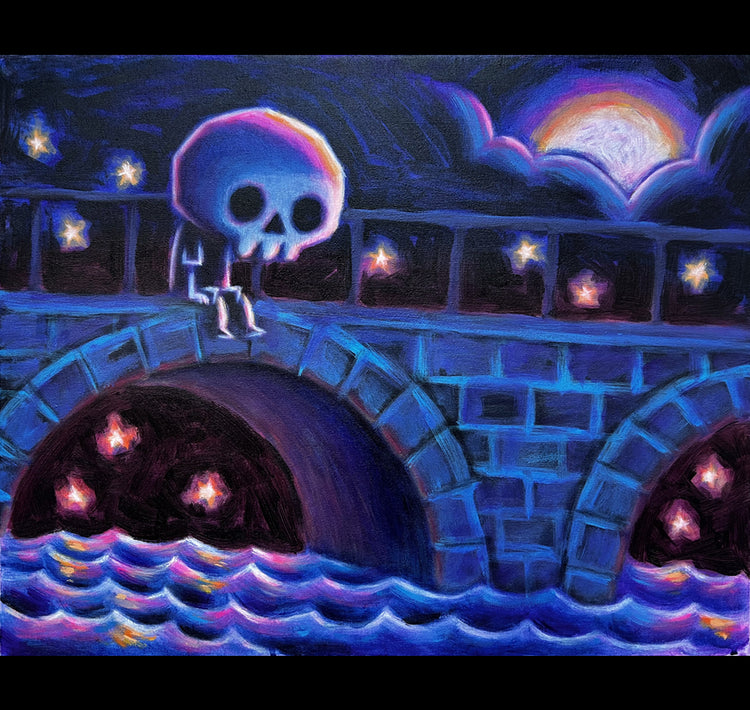 Sitting on a Bridge 40x50cm Painted Canvas – gothic art by Akumu Ink, alt fashion art from Akumu Ink Clothing