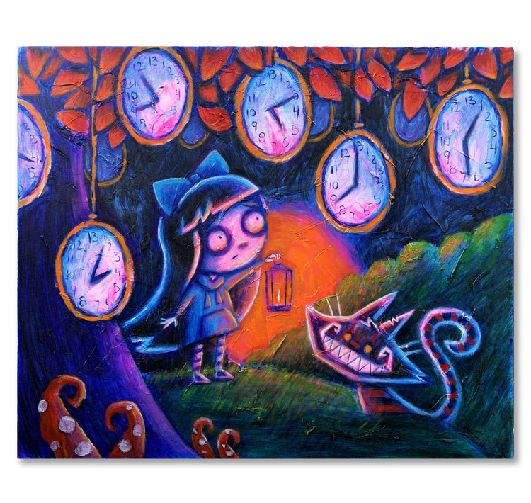 Alice Under the Clock Tree 50x60cm Painted Canvas – gothic art by Akumu Ink, alt fashion art from Akumu Ink Clothing