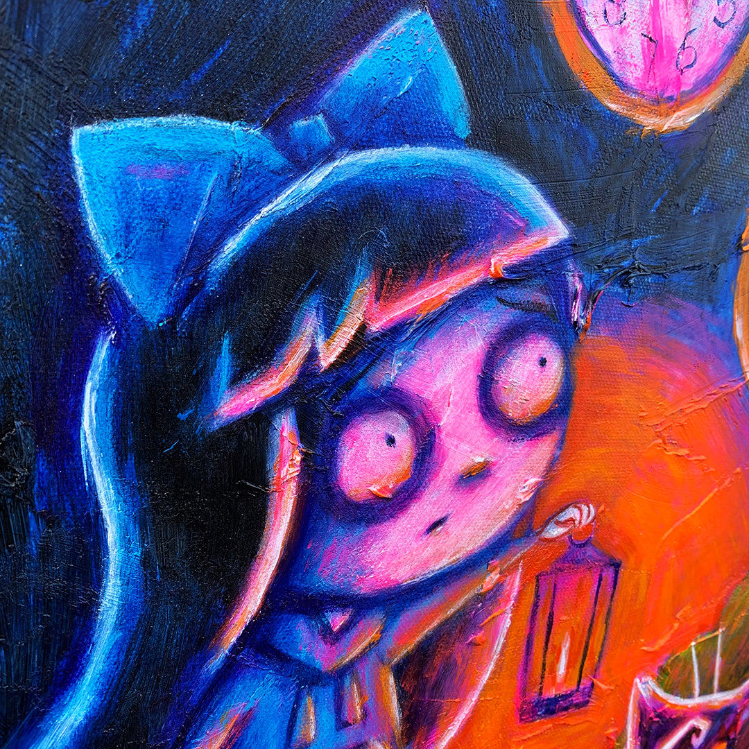 Alice Under the Clock Tree 50x60cm Painted Canvas – gothic art by Akumu Ink, alt fashion art from Akumu Ink Clothing