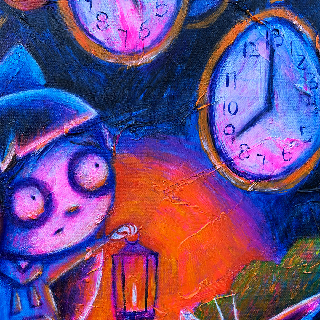 Alice Under the Clock Tree 50x60cm Painted Canvas – gothic art by Akumu Ink, alt fashion art from Akumu Ink Clothing