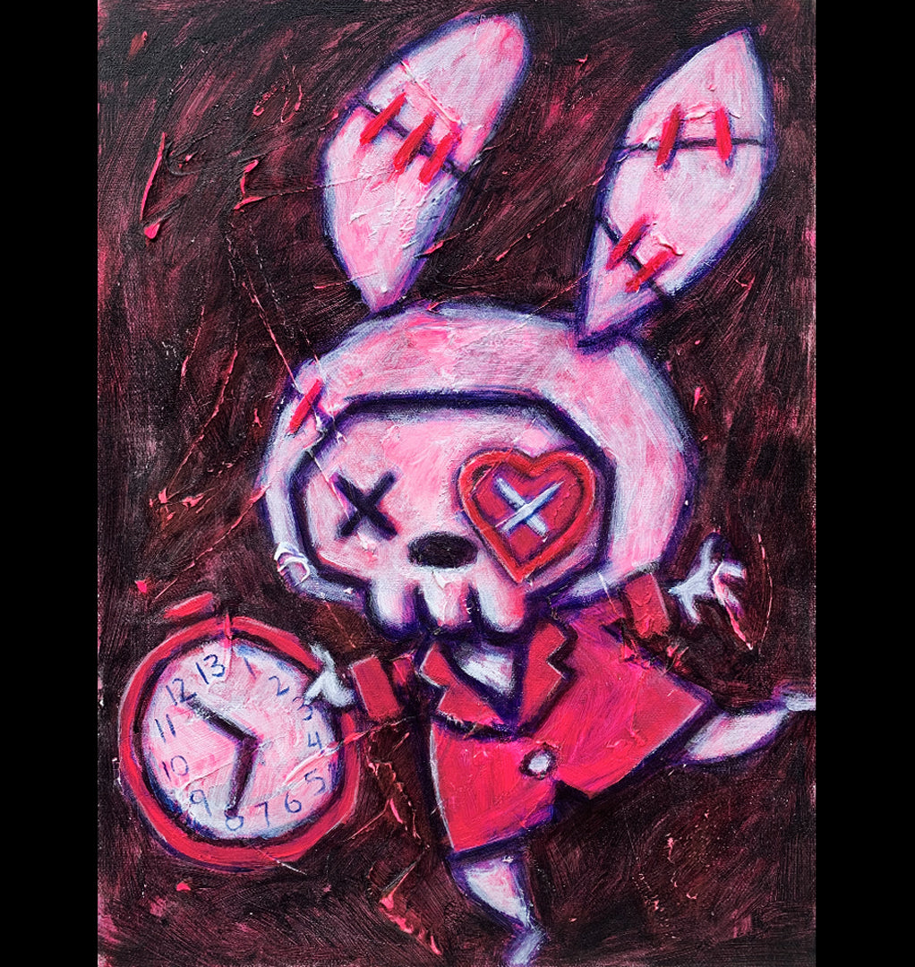 White Rabbit Pink 30x40cm Painted Canvas – gothic art by Akumu Ink, alt fashion art from Akumu Ink Clothing